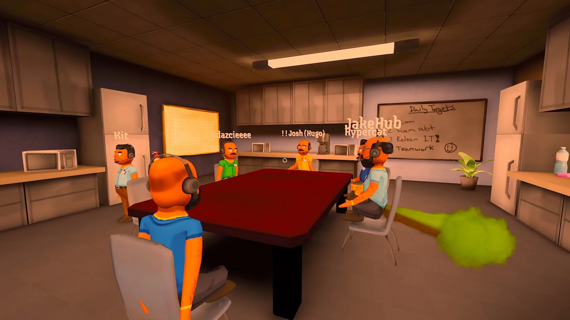 Four players in headsets with name tags above them stand around a red table in the call center meeting room, with a Daily Targets whiteboard on the wall