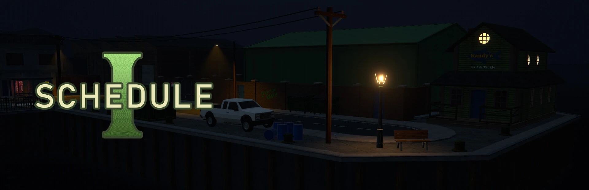 A quiet Hyland Point street at night with a pickup truck, a street lamp and a bait shop, beside the Schedule I logo