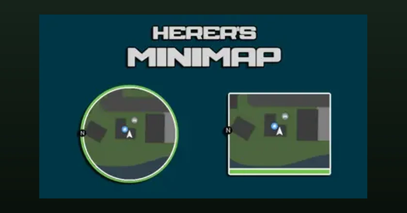 The Herer's Minimap mod banner showing a round minimap and a square minimap with a player arrow and a north marker