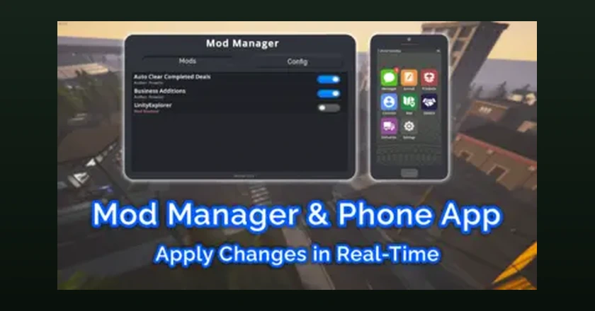The Mod Manager and Phone App banner showing a mod list with on and off toggles next to the in-game phone