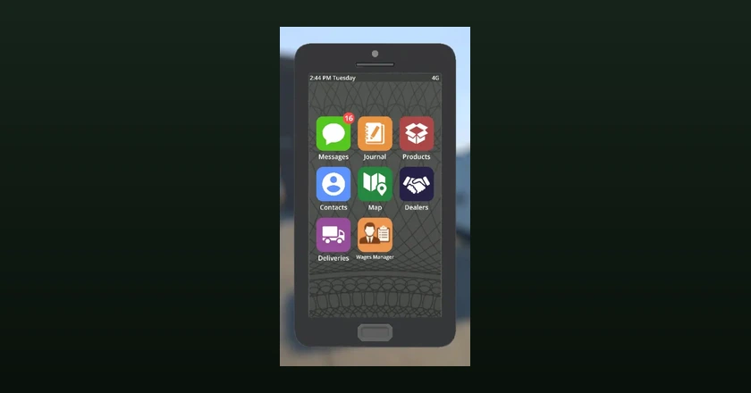 The in-game phone home screen with a new Wages Manager app next to Messages, Map, Dealers and Deliveries