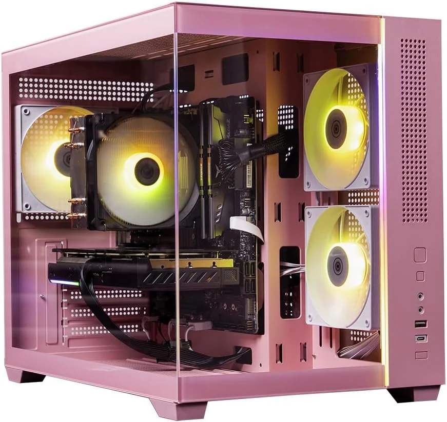 Skytech Aurora gaming PC in a pink glass case with yellow-lit fans and an RTX 5060 Ti graphics card visible inside