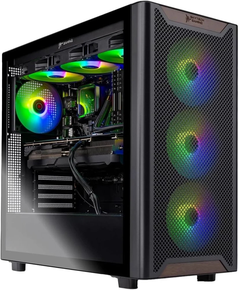 Black Skytech Chronos 3 gaming tower with a mesh front, three RGB fans and a glass side panel showing a liquid cooler and an RTX 5080