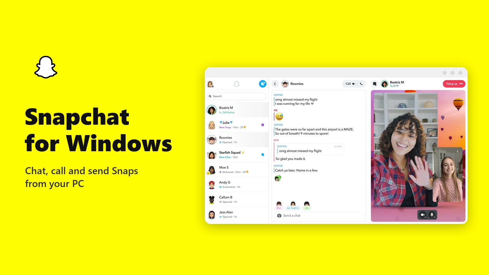 Snapchat logo beside a desktop window showing a Snapchat chat list, a group chat and a video call on a PC