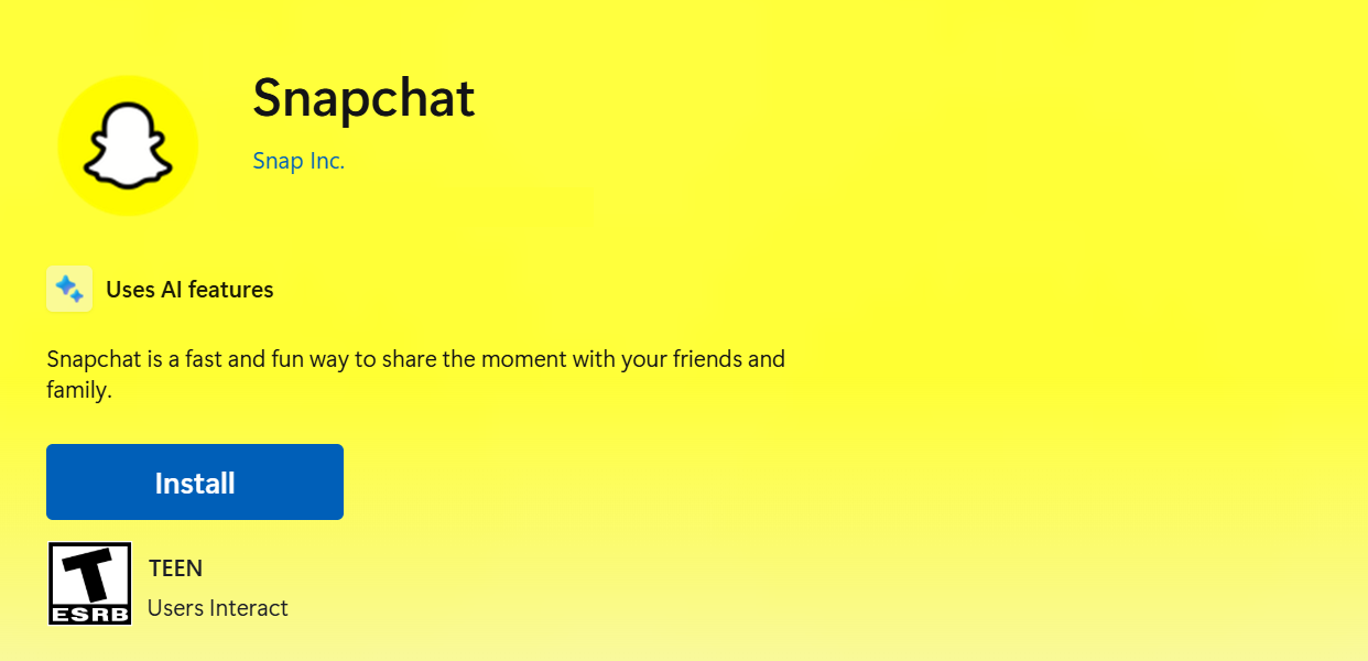 Snapchat page in the Microsoft Store with the Install button, published by Snap Inc. and rated Teen