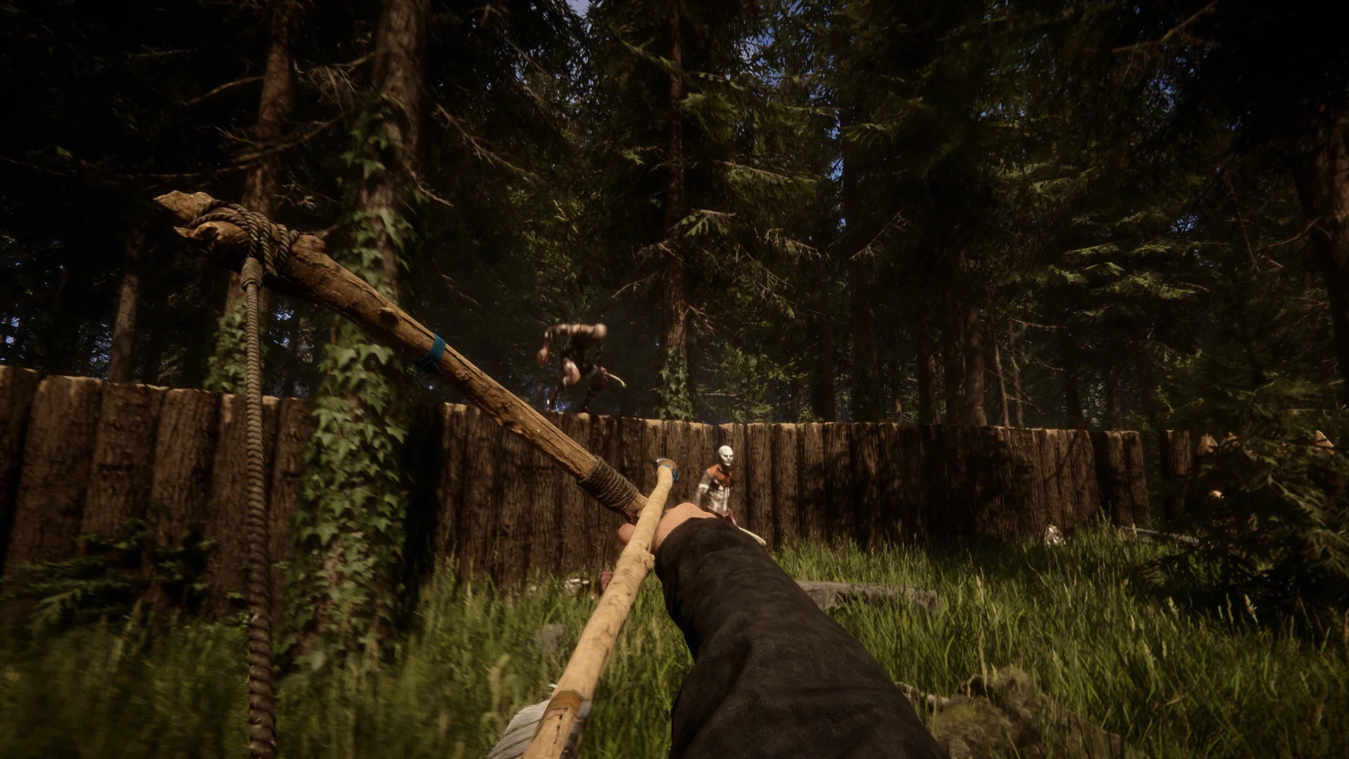 First-person view aiming a bow at a cannibal climbing over a sharpened log wall around the player's base