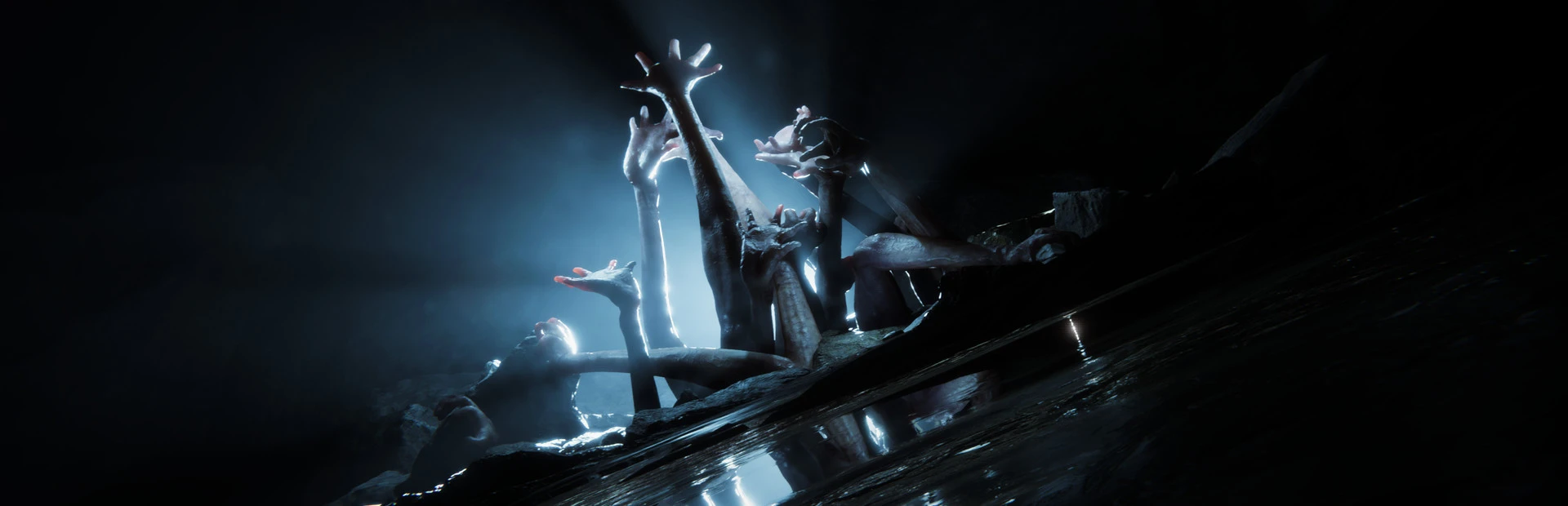 Pale mutant arms reach up out of dark water toward a beam of blue light in a cave, from the Sons of the Forest key art