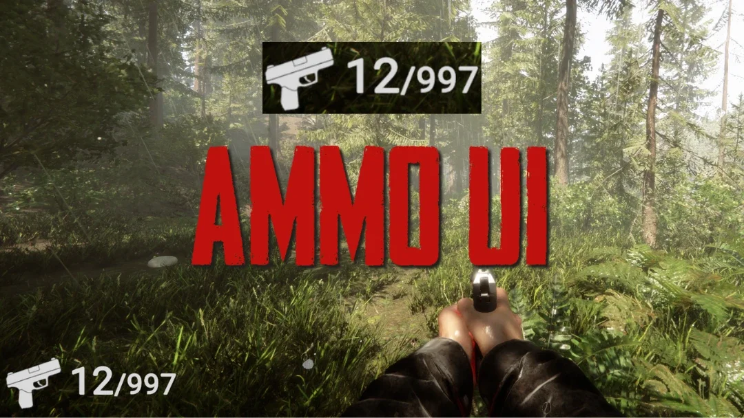 Banner for the AmmoGui mod showing an ammo counter reading 12 of 997 above a pistol in a forest