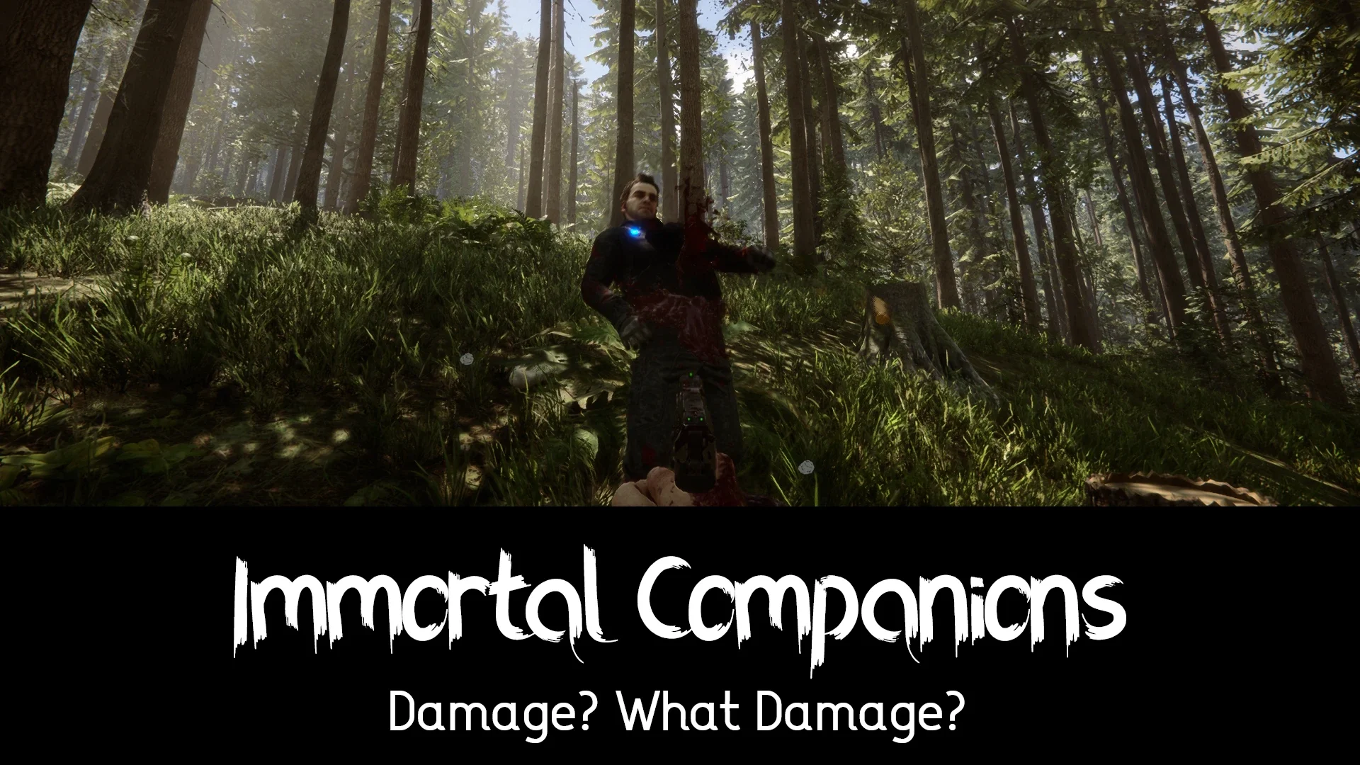 Banner for the Immortal Companions mod showing Kelvin standing in a sunlit forest under the mod title
