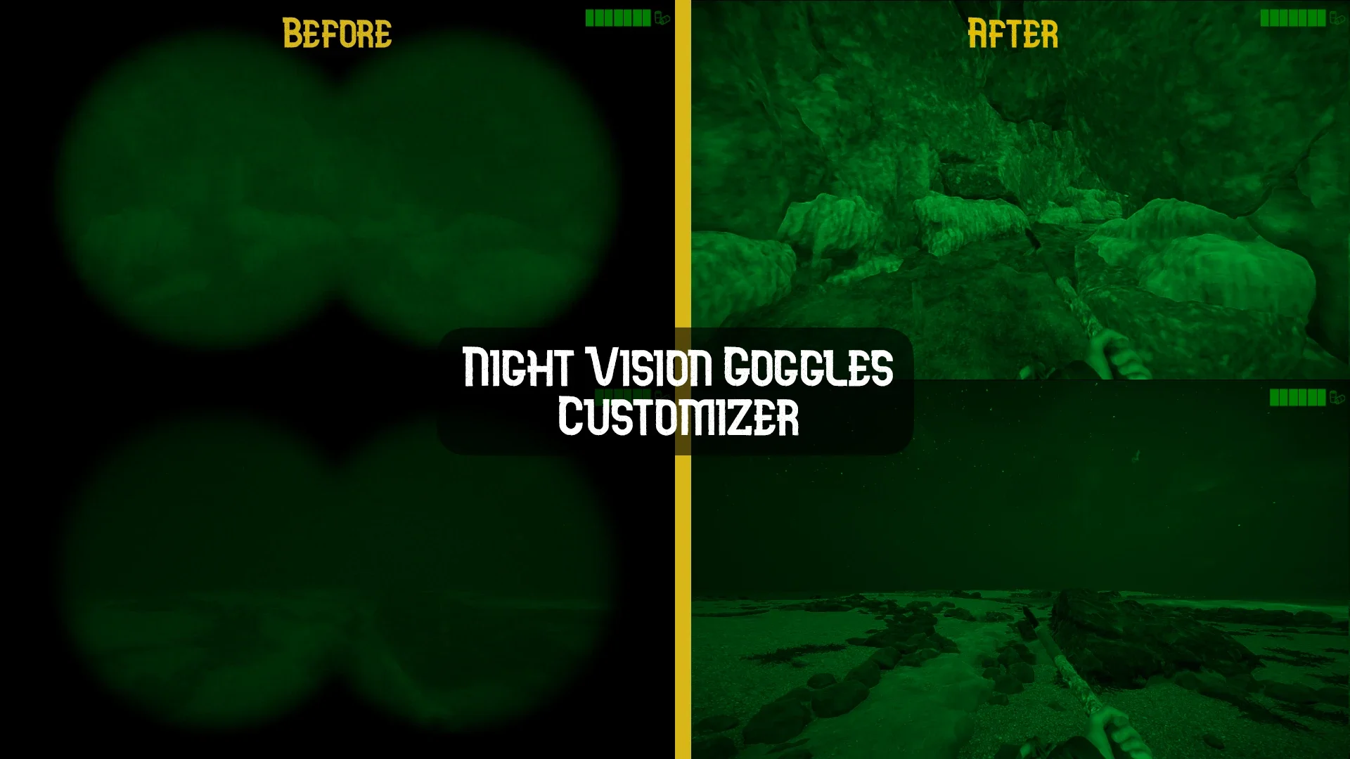 Before and after view of the night vision goggles, with a dark blurry view on the left and a clearer green view on the right