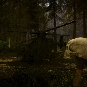 Sons of the Forest skull totem near the crashed helicopter