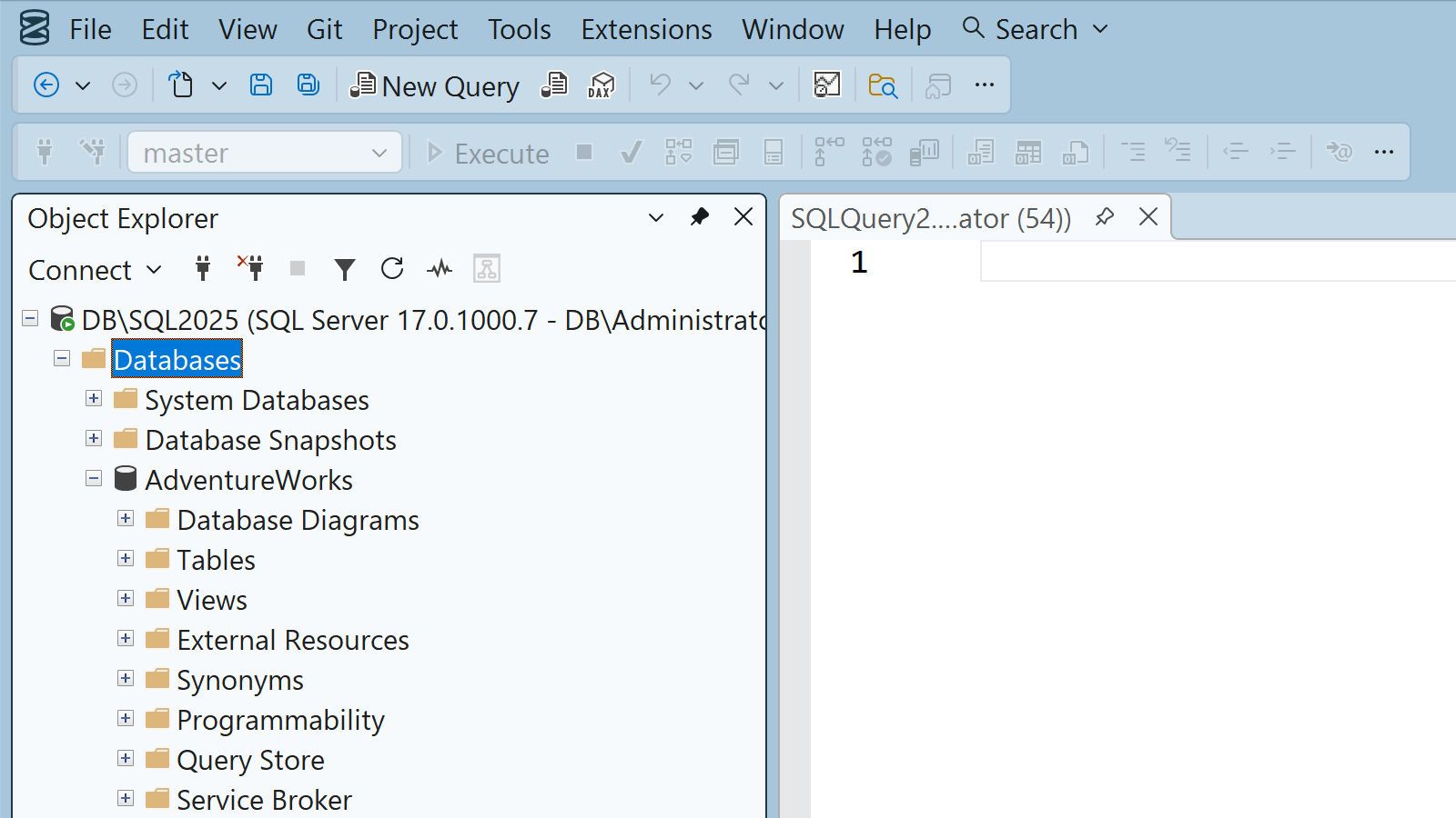 SQL Server Management Studio with Object Explorer open on a SQL Server 2025 instance, showing databases, security, replication and SQL Server Agent folders