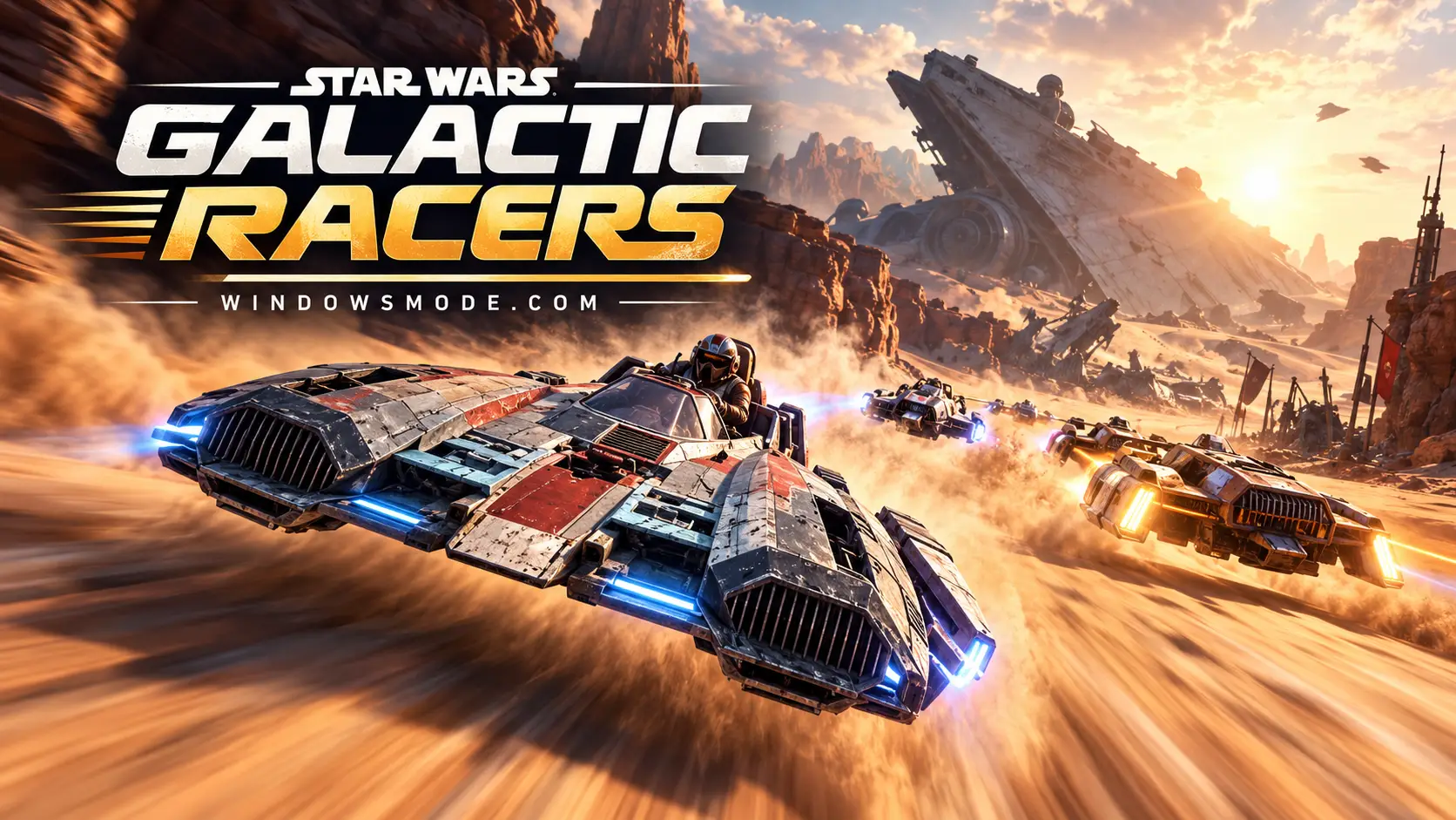 A battered red and gray landspeeder races across a desert at full speed past a crashed Star Destroyer, with rival speeders behind it and the Galactic Racer title in the corner