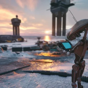 A tall, thin droid holding a datapad stands in the snow at a race outpost at sunset