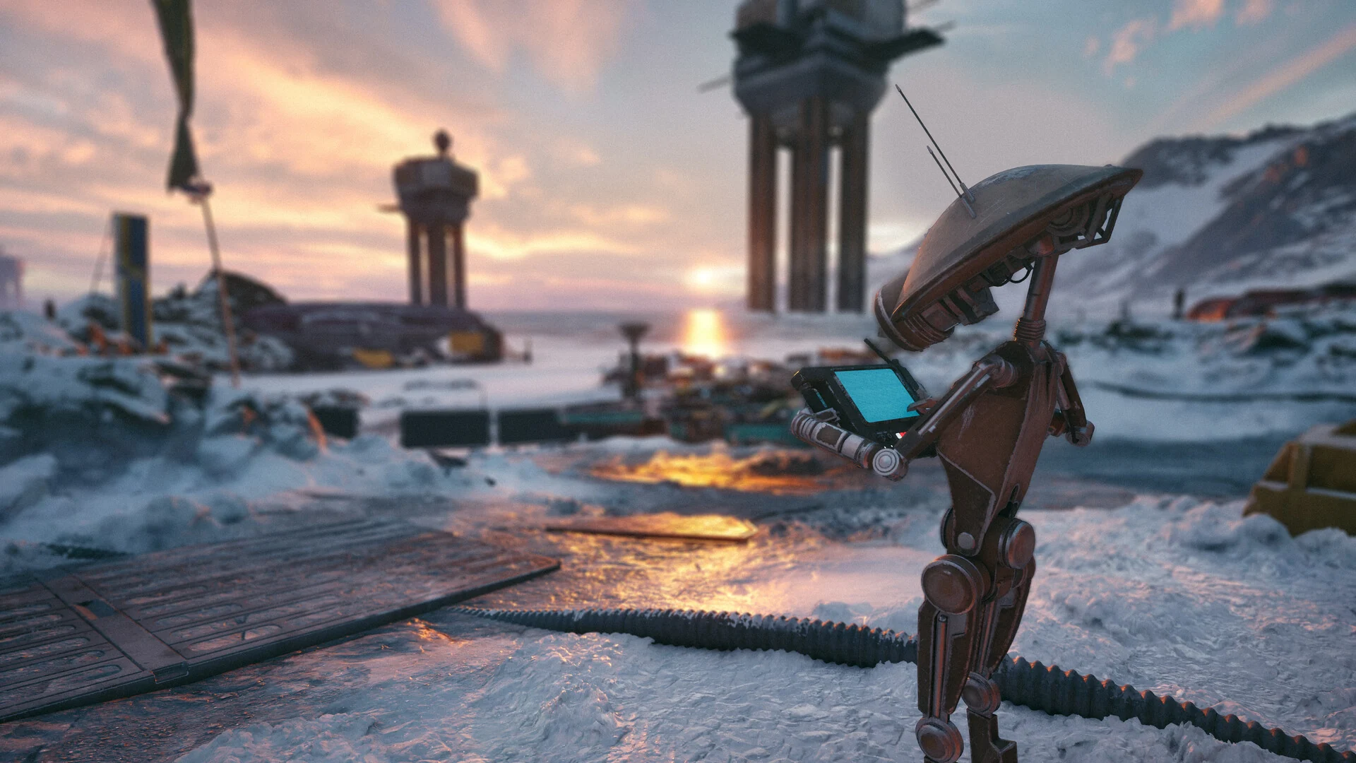 A tall, thin droid holding a datapad stands in the snow at a race outpost at sunset