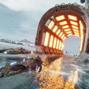 Two speeders race over a frozen lake toward a glowing orange gate on an icy race course