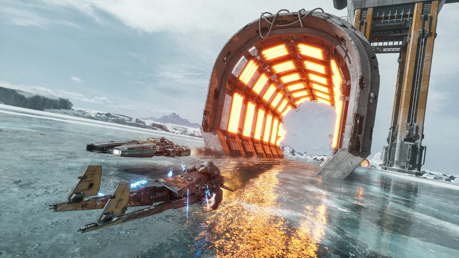 Two speeders race over a frozen lake toward a glowing orange gate on an icy race course