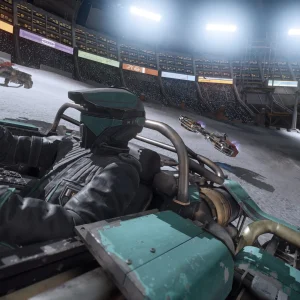 A pilot in a teal landspeeder races through a snowy floodlit stadium with rival speeders alongside