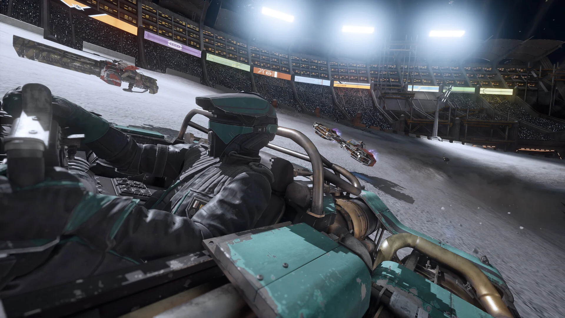 A pilot in a teal landspeeder races through a snowy floodlit stadium with rival speeders alongside