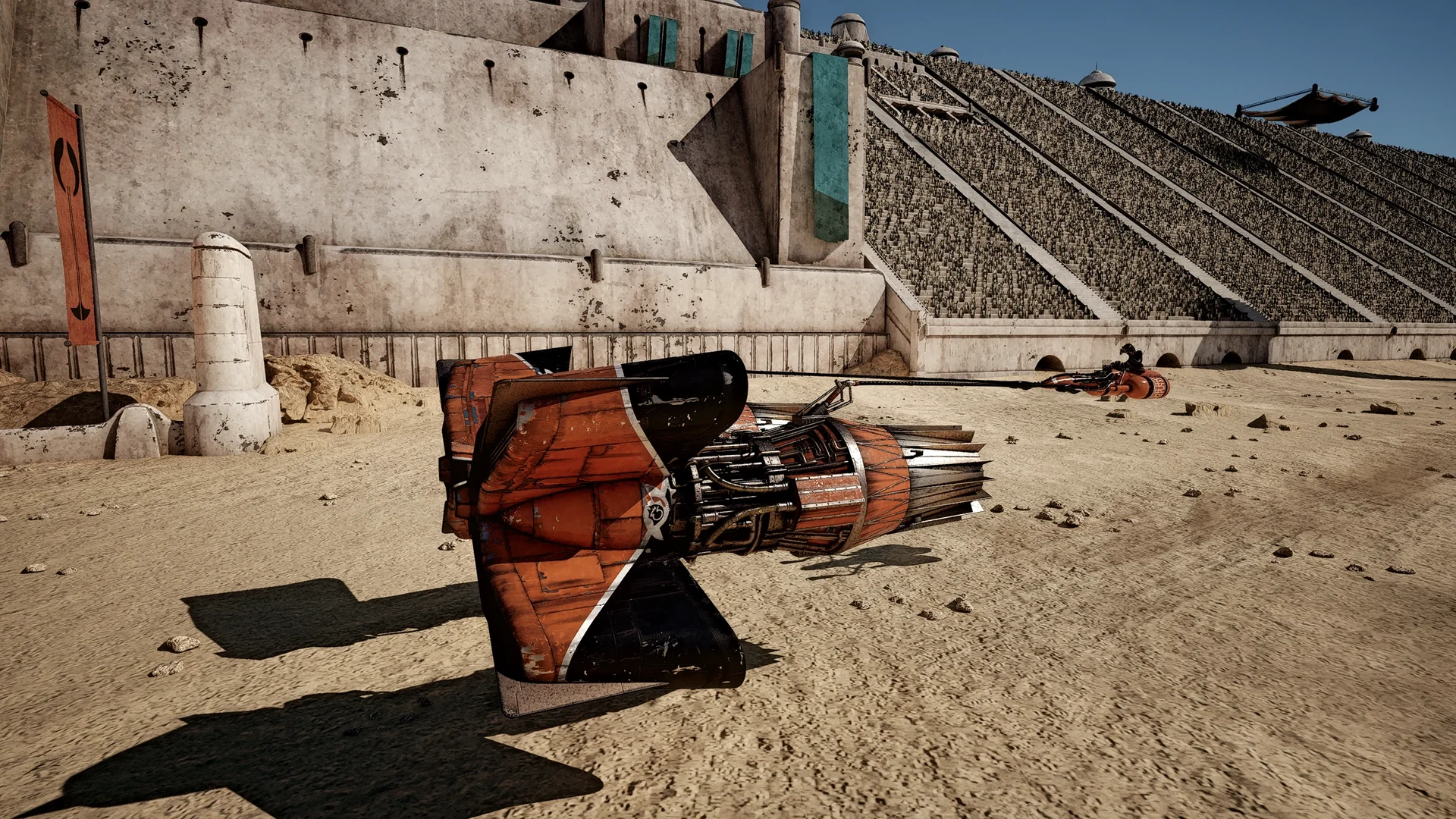 An orange podracer parked in a sandstone arena in Star Wars Galactic Racer, shown with the Galactic Cinematic Realism ReShade preset