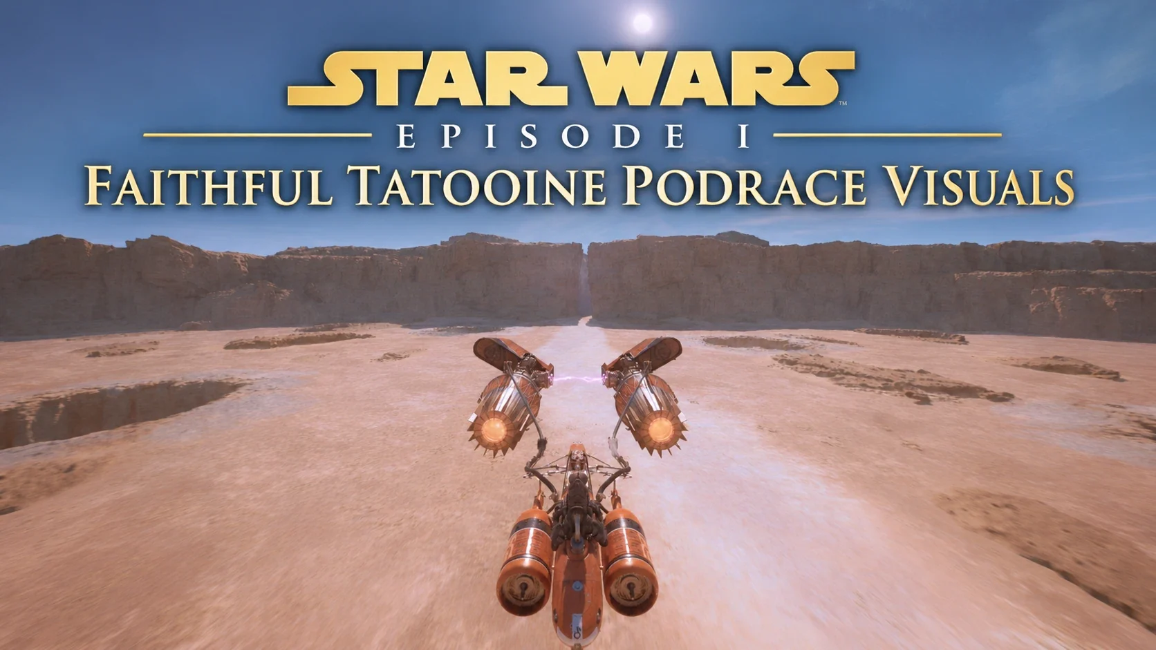 A podracer flies low over a pale Tatooine canyon under the title Faithful Tatooine Podrace Visuals, showing the warmer film-style colors of the ReShade preset