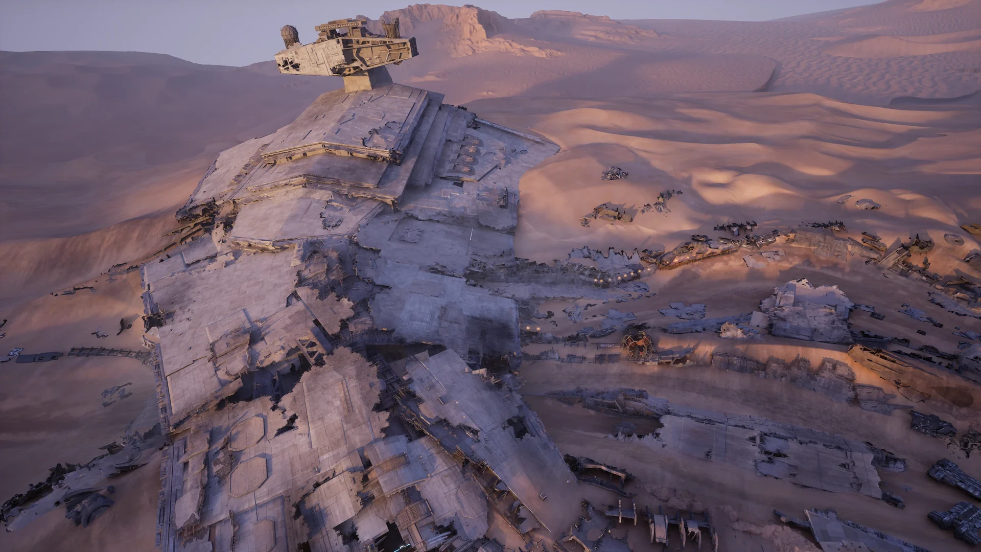A wide aerial photo mode shot of a crashed Star Destroyer half buried in desert sand, taken with the Unlimited Photo Mode mod