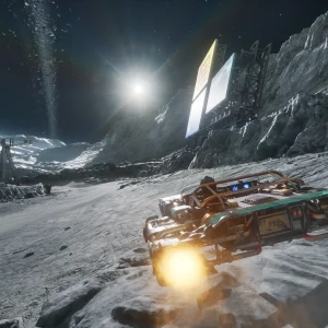 A green landspeeder races across gray rocky ground under a bright sun and a dark sky