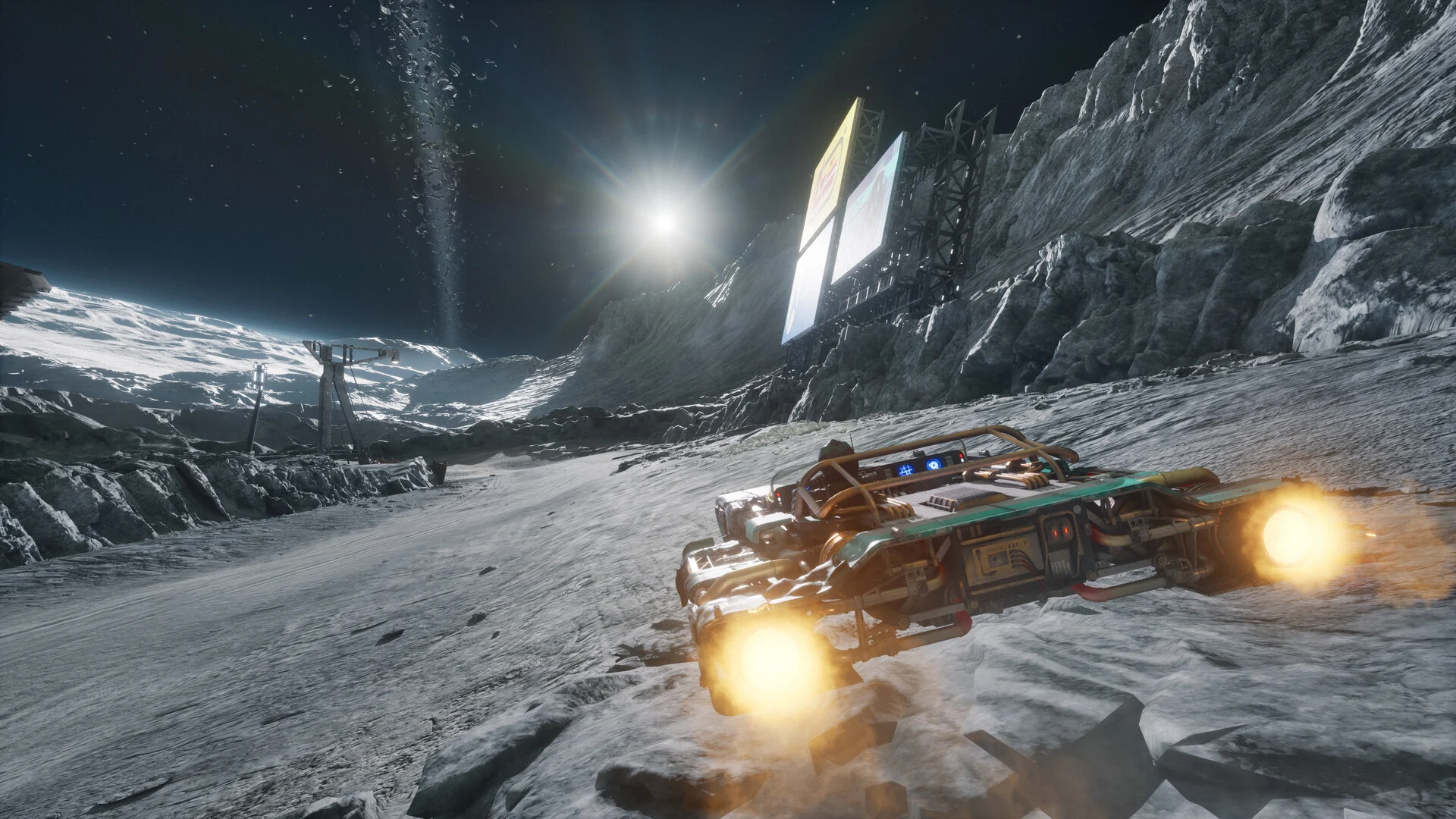 A green landspeeder races across gray rocky ground under a bright sun and a dark sky