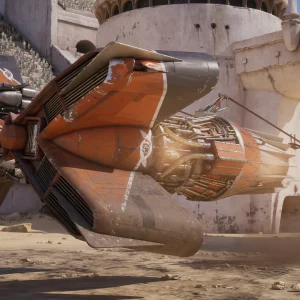 An orange podracer launches past the grandstands of a sandstone arena at the start of a race