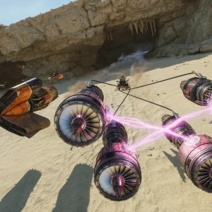 Star Wars Galactic Racer podracers in a desert canyon