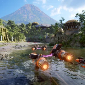 Three orange podracers skim across a shallow river past jungle ruins and a mountain on a tropical race course
