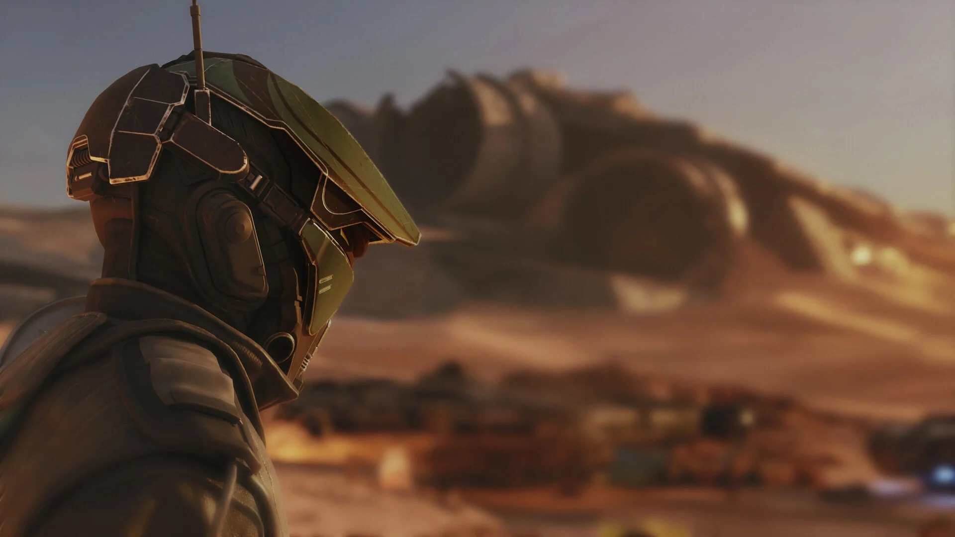 Shade, the player character, wears a scuffed racing helmet and looks out over a blurred desert race town