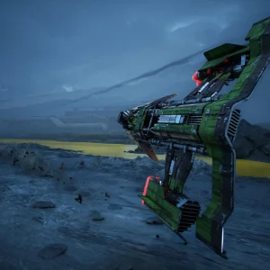 A green and black skim speeder banks low over a rocky shore at dusk