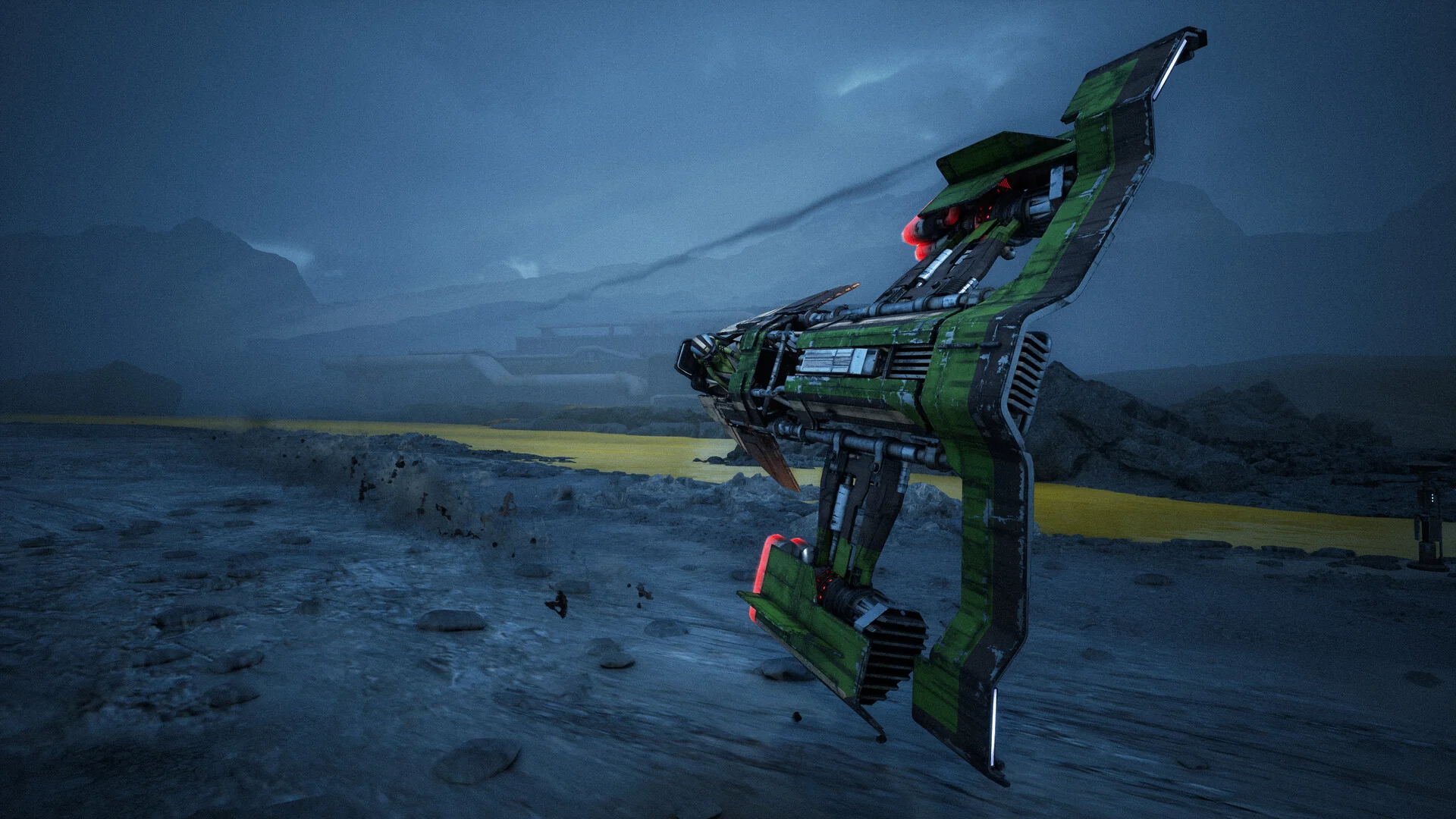 A green and black skim speeder banks low over a rocky shore at dusk