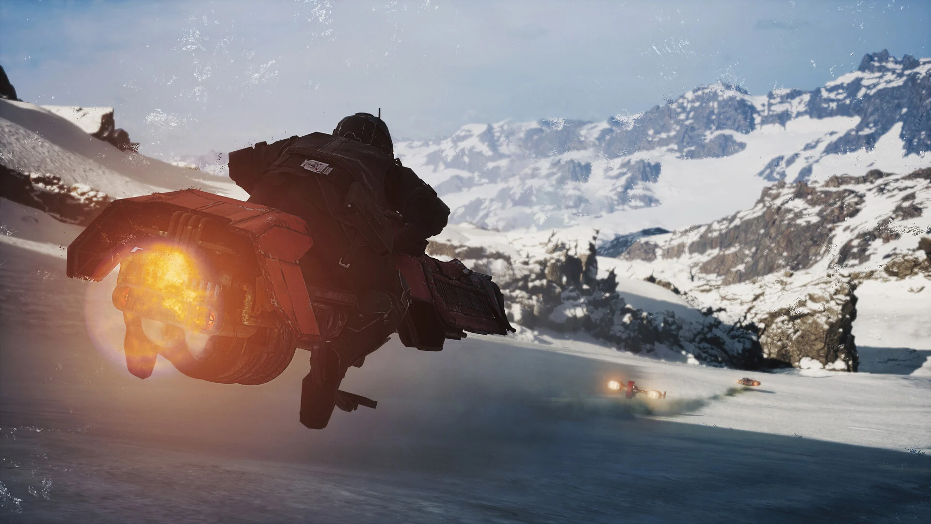 A racer leans into a speeder bike as it races down a snowy mountain valley