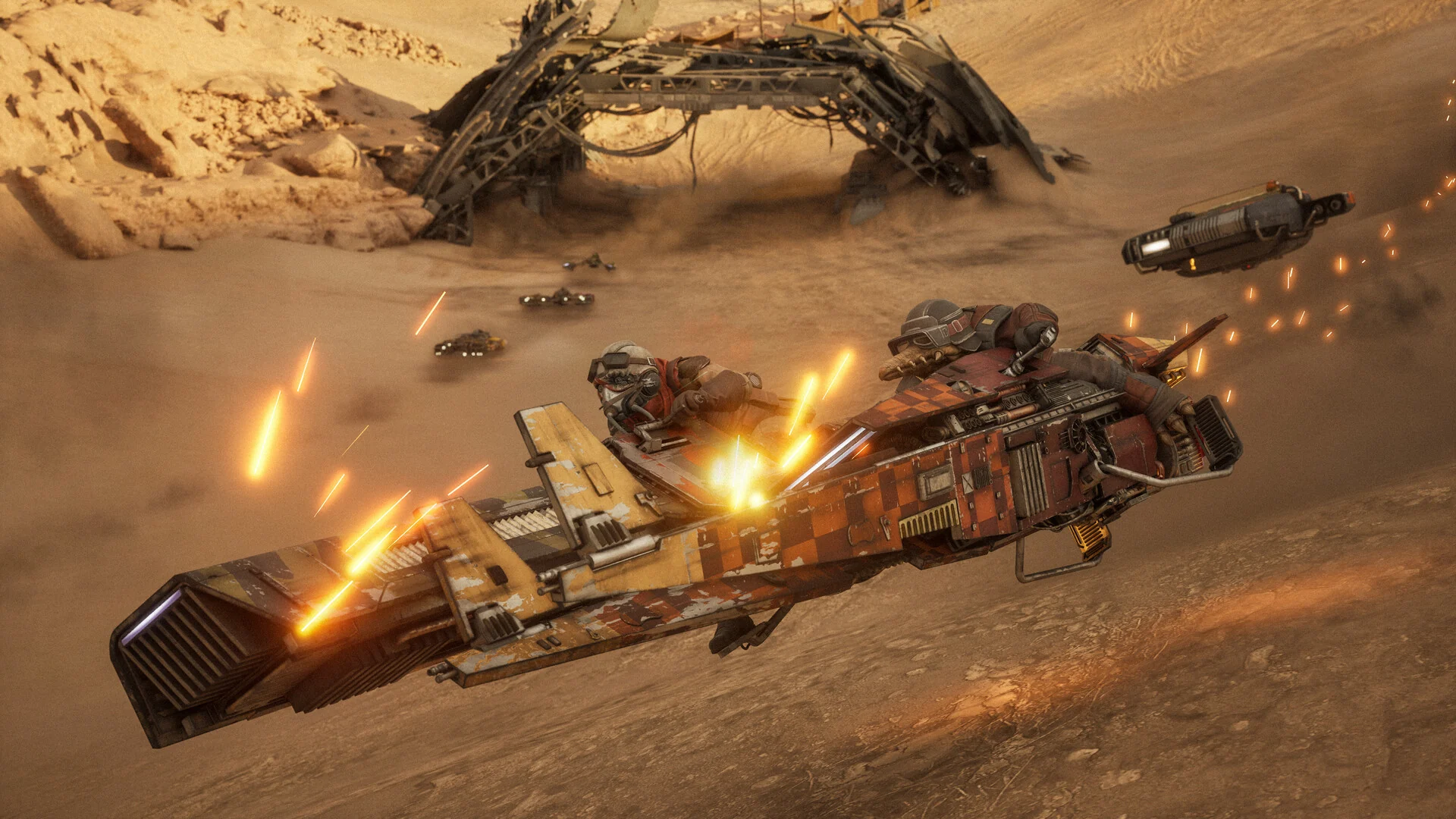 Two racers on speeder bikes collide side by side in a shower of sparks while another bike chases them across a desert track