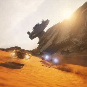 Star Wars Galactic Racer speeders near a Star Destroyer wreck