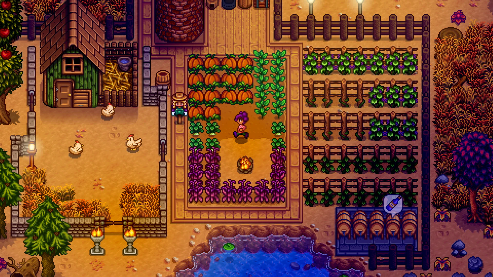 A fall farm with pumpkins, sunflowers, kegs, chickens and orange trees in Stardew Valley