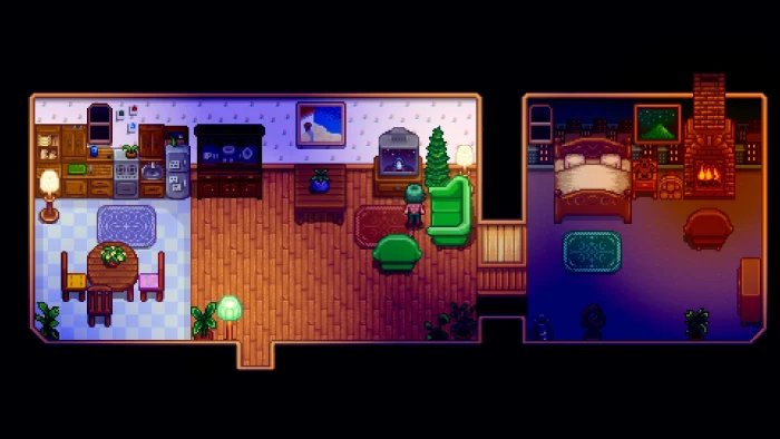 An upgraded farmhouse interior with a kitchen, a dining table, a green couch and a bedroom with a fireplace in Stardew Valley