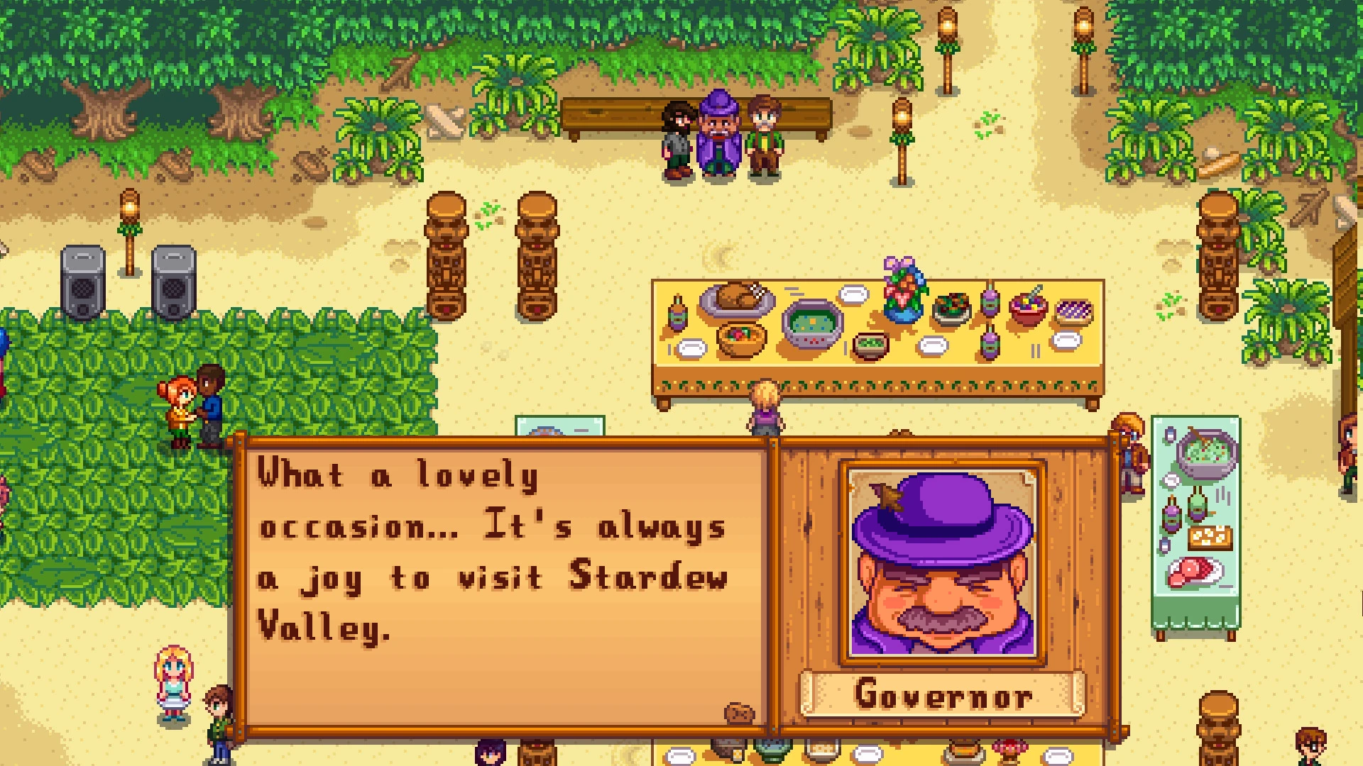 The Governor says what a lovely occasion it is at the summer Luau festival on the beach, with villagers around a soup pot in Stardew Valley