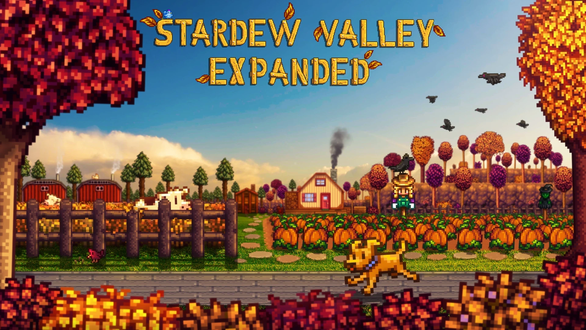 Stardew Valley Expanded title art with a farmer and a dog running past a pumpkin patch and red autumn trees