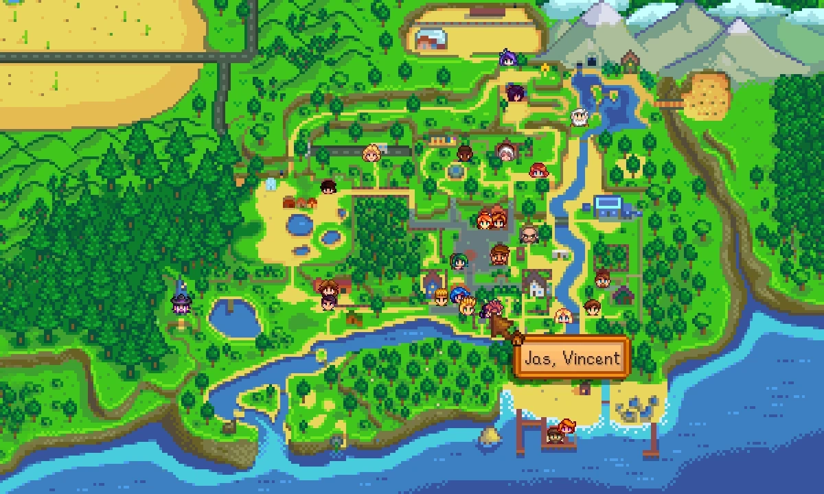 The Stardew Valley map with villager head icons on it and a label showing where Jas and Vincent are, from the NPC Map Locations mod