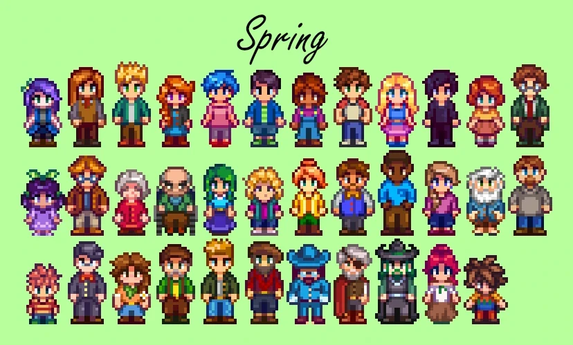 A spring line-up of Stardew Valley villagers in redrawn outfits from the Seasonal Outfits mod