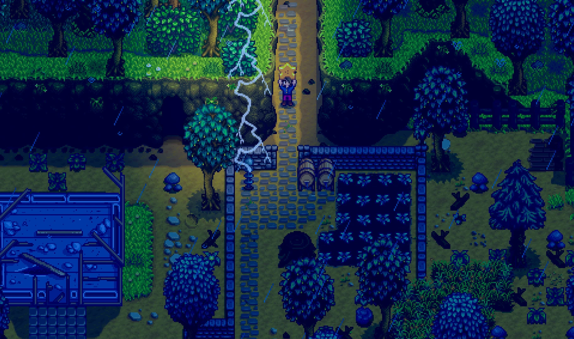 Lightning strikes during a night storm over a farm with dark blue crops and trees in Stardew Valley