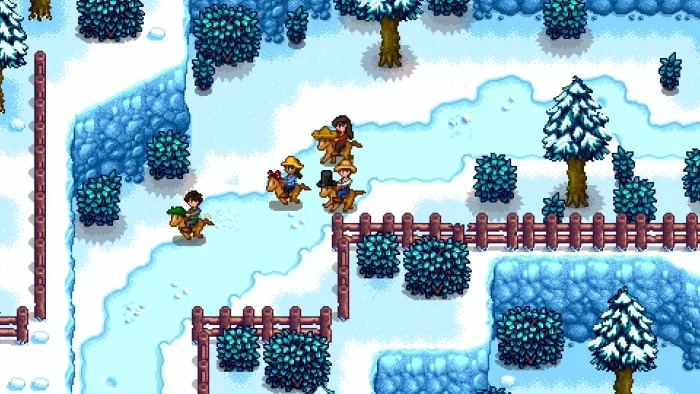 Four players ride horses through deep snow and pine trees in winter in Stardew Valley