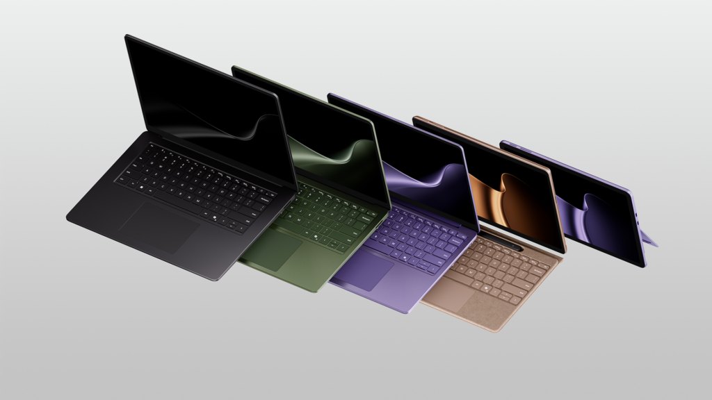 Surface Laptop models in black, green and purple next to Surface Pro tablets with keyboards in copper and purple