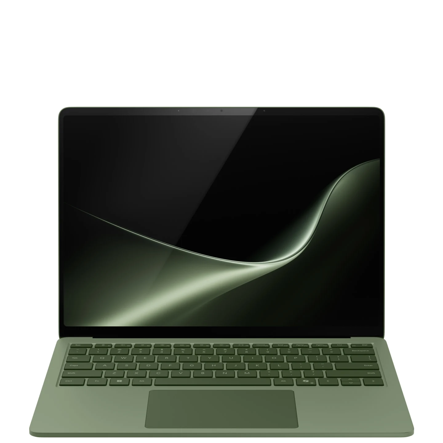 Front view of an open jade green Surface Laptop 13.8-inch with a dark wave wallpaper on screen