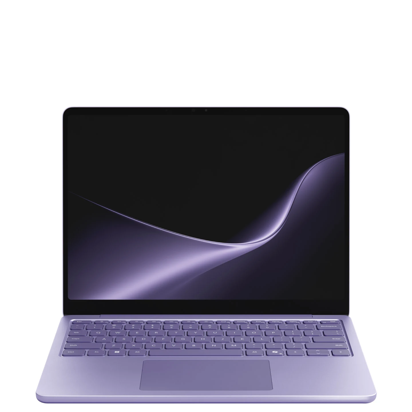 Front view of an open violet Surface Laptop 13-inch with a dark wave wallpaper on screen