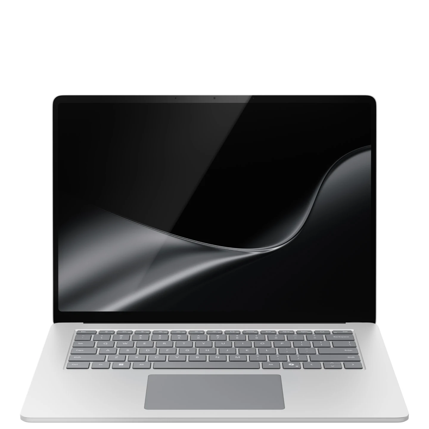 Front view of an open silver Surface Laptop 15-inch with a dark wave wallpaper on screen