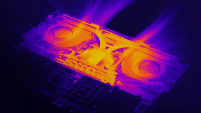 Heat map view of the Surface Laptop Ultra dual-fan cooling system with warm air moving out the back